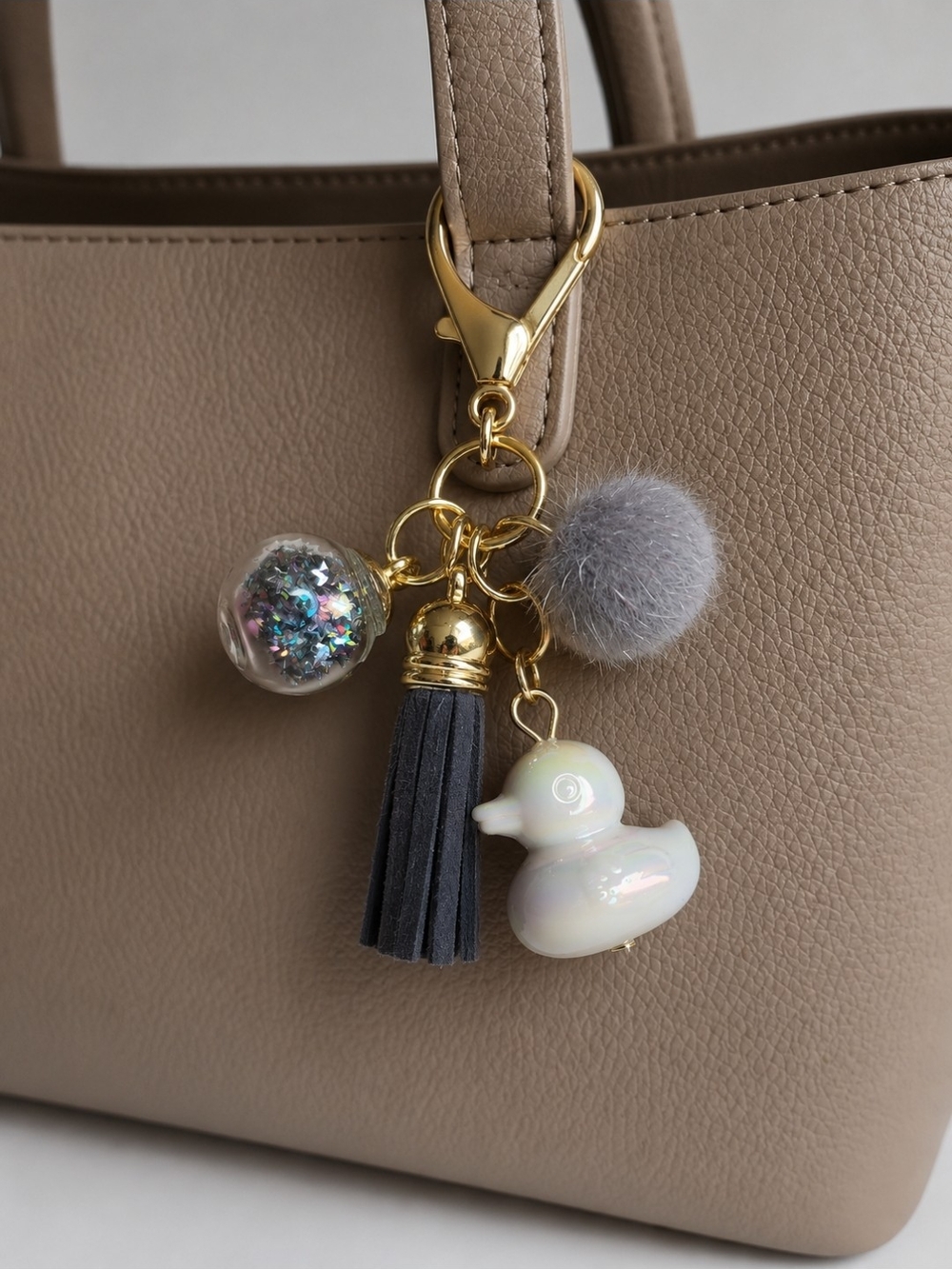 Neutral Taupe Pom Pom & Duck Bag Charm Keychain Bag Accessory